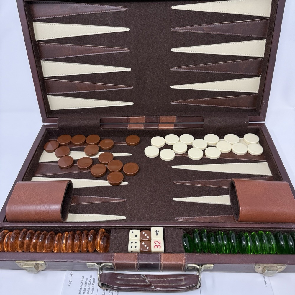 Backgammon Game with Leather Case, Felt Interior, Brown and Green Glass Pieces